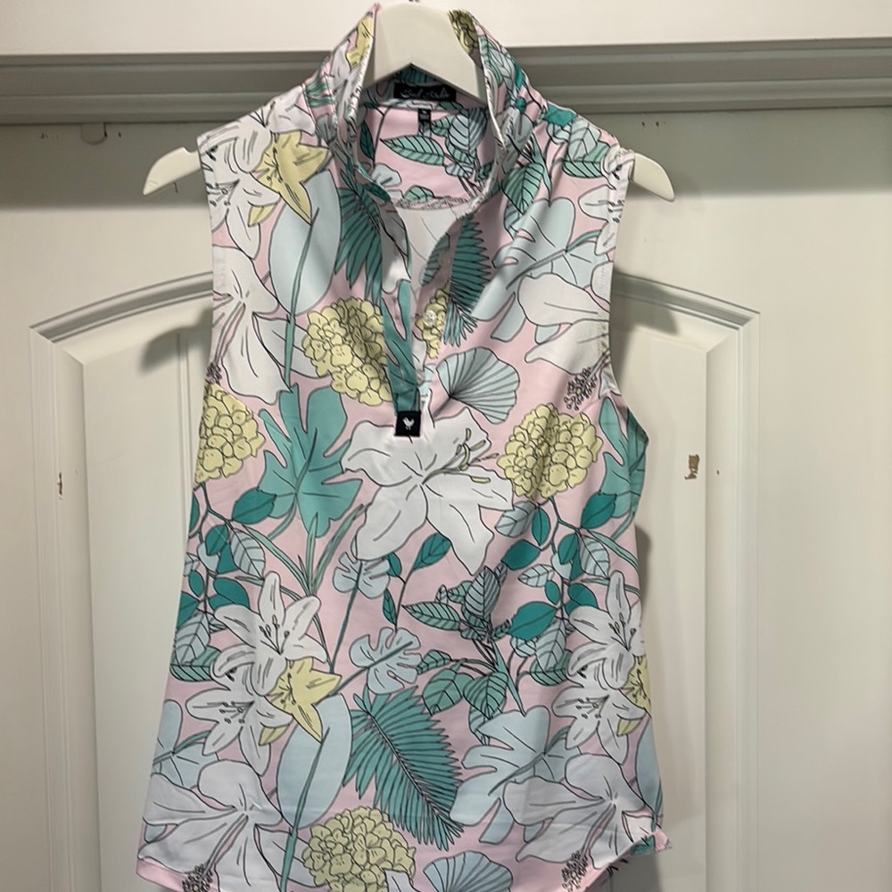 White and Aqua BAD BIRDIE Sleeveless Button Down Polo Top